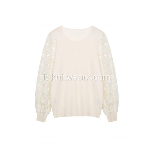 Pullover girocollo da donna in pizzo con paillettes lavorate a maglia